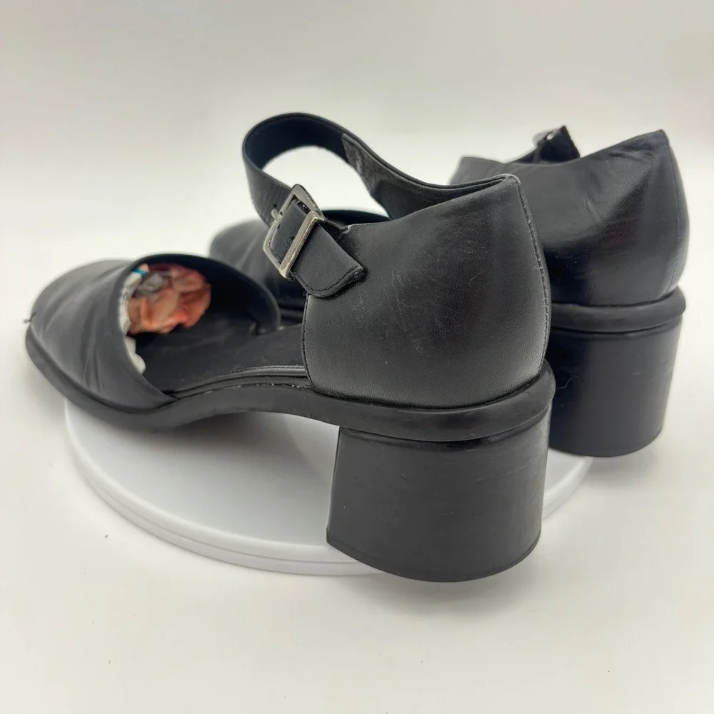 VINTAGE BLACK MARY‎ JANE Leather Shoe Y2K Chunky Block Heel Womens Square Ankle